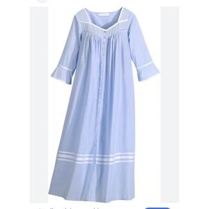 3X Eileen West cotton nightgown long blue embroidered button-front